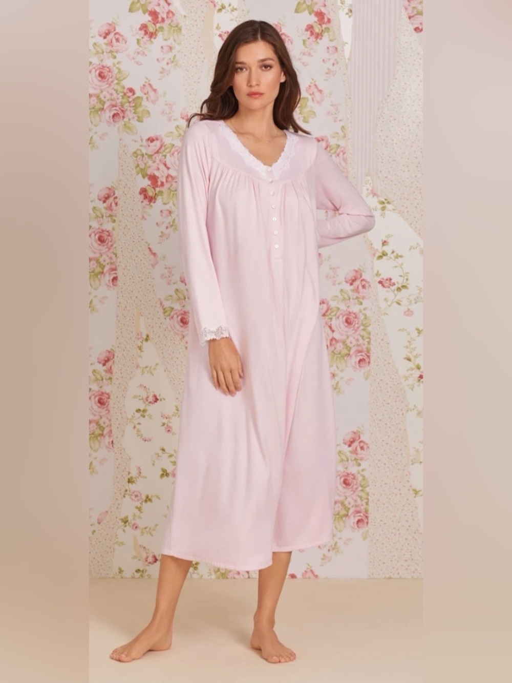 Eileen West Pink Sweater Knit Long Sleeve Ballet Nightgown lace trim Size Large